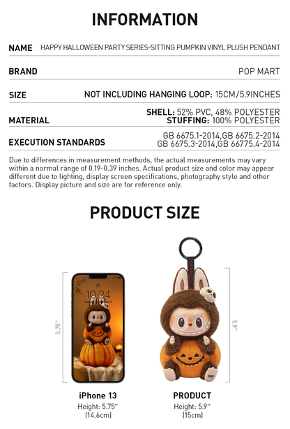 Pop Mart Labubu Happy Halloween Party Series-Sitting Pumpkin Vinyl Plush Pendant