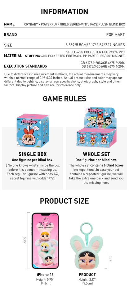 Pop Mart CryBaby x Powerpuff Girls Series Vinyl Face Plush Single Blind Box